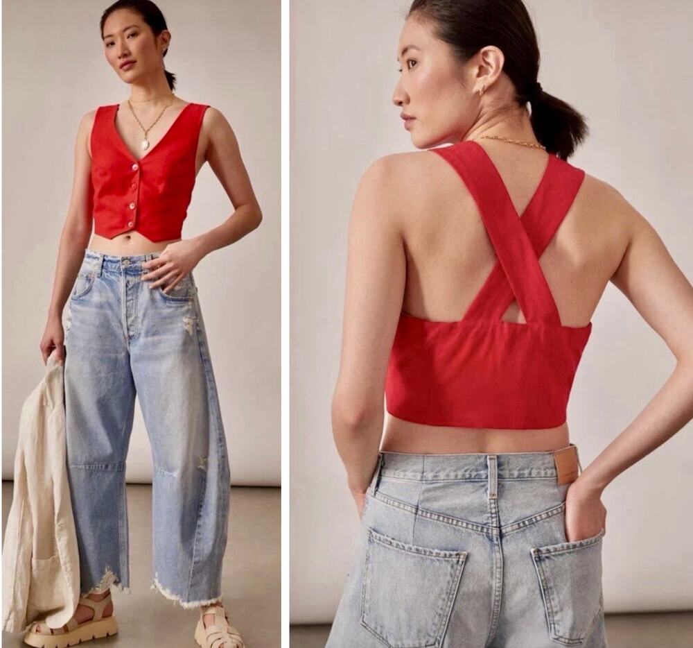 Anthropologie x Mare Mare Size Xs Red Linen Blend Cross-Back Cropped Vest Top